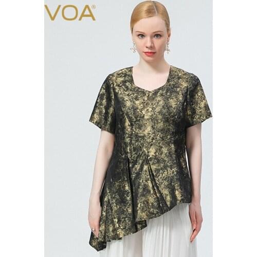 VOA Silk Jacquard Lysimachia Christinae Mosaic Fold Round Neck Invisible Side Pull Asymmetric Loose Breathable T-shirt BE705