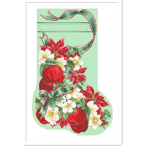 Apple roses stocking cross stitch 18ct 14ct 11ct white fabric cotton thread embroidery DIY handmade needlework