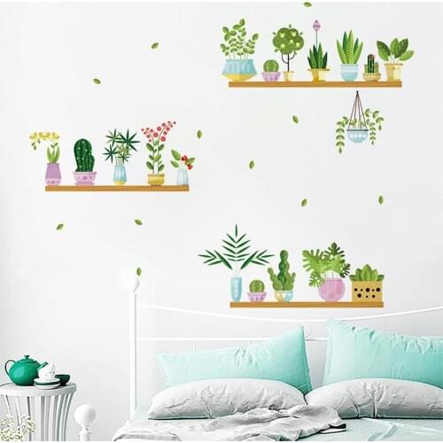 Green Plant Flower Potted Wall Sticker Succulents Cactus Shelf Bedroom Living Room Home Garden Decor Decals Removable