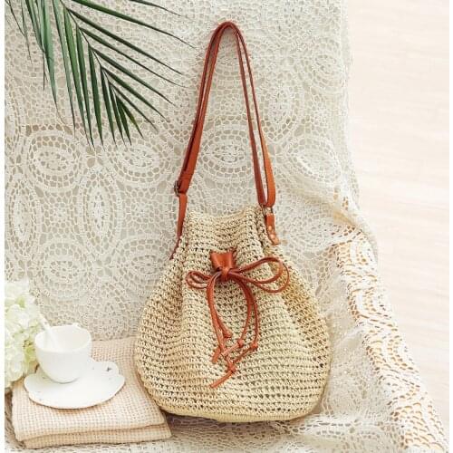 Drawstring One Shoulder Woven Bag Fashion Straw Woven Holiday Beach Bag Bucket Bag Female
