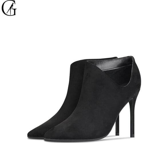 GOXEOU Womens Ankle Boots Flock Black Yellow Orange Pointed Toe High Heels Party Sexy Fashion Office Lady Shoes Size Size 32-46