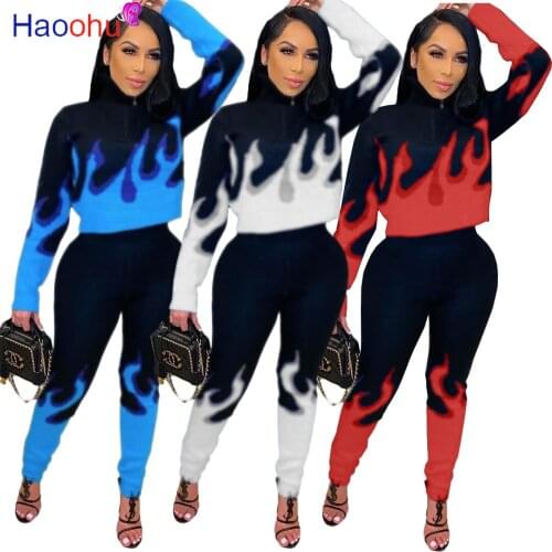 HAOOHU Autumn Women Two Piece Set Flame Print Long Sleeve Zipper Up Sweatshirt+Legging Jogger Pants Fashion Sports Tracksuits