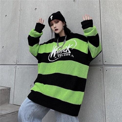 WomenS Sweater Stripe Letter Casual Tops Harajuku Pullover Autumn Dropshipping Vintage Punk Hip Hop Streetwear Korean Clothing