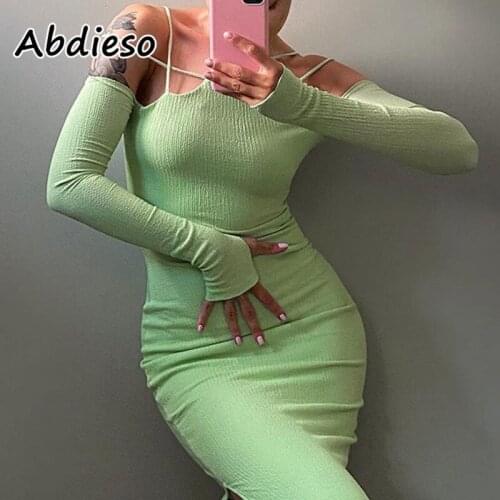 Abdieso Off Shoulder Sexy Midi Bodycon Dress 2021 Green Backless Split Autumn Winter Elegant Fashion Party Dresses Women Outfits