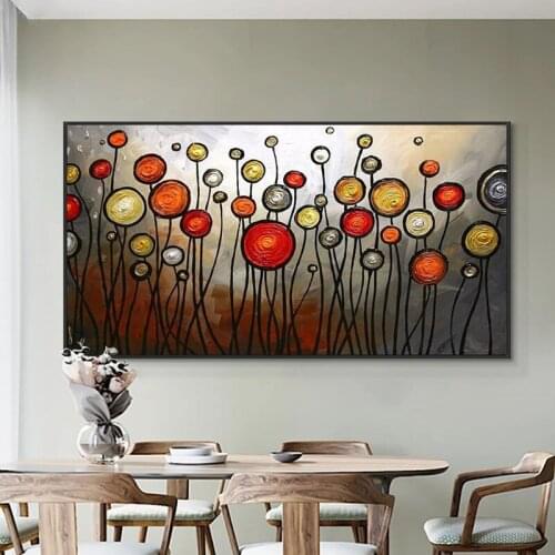 100% Hand Painted Oil Painting Abstract Red Yellow Round Flowers On Canvas Thick Knife Painting Wall Art For Living Room Decor