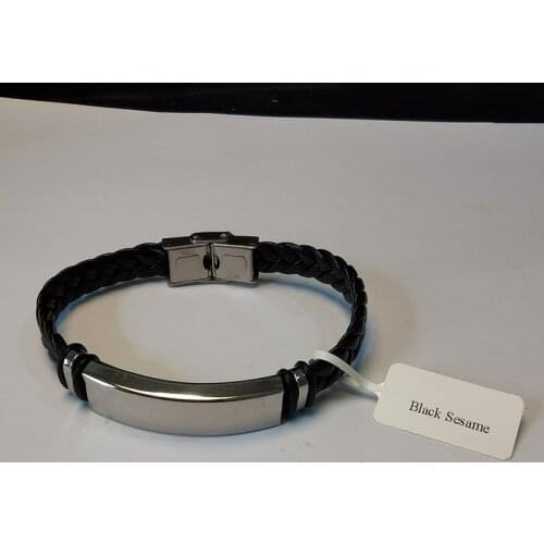 Black Sesame Custom Name Engrave Leather Bracelets Stainless Steel For Men ID Bracelet