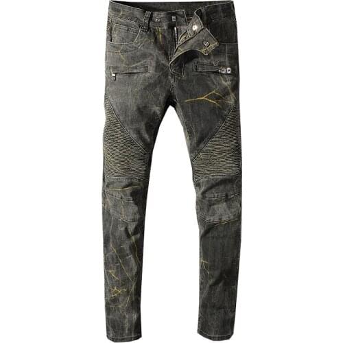 Mens Denim Biker Camouflage Jeans Motorcycle Slim Stitching Pants Personality Stretch Zipper Pocket Pants Pantalones Hombre