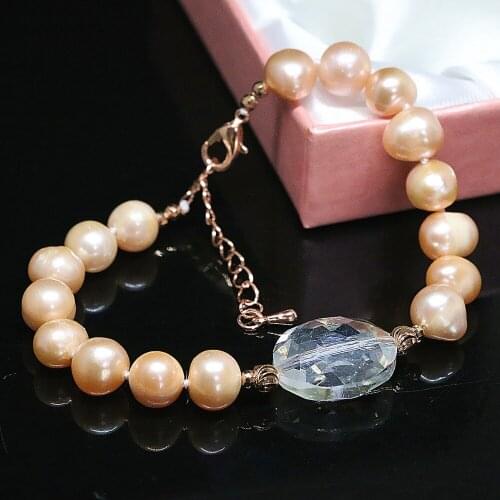 Classical natural freshwater orange 9-10mm pearl bracelet round beads crystal lovely beautiful jewelry B1409