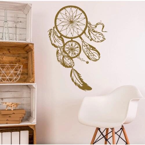 Dream Catcher Wall Decal- Gold Dreamcatcher Wall Stickers Hippie Native America Boho Bohemian Bedroom Wall Art Home Decor JW062