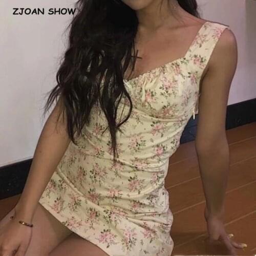 2020 Summer Retro Small Flower Print Mini Dress Chiffon Sleeveless Square V neck Slim Backless Short Dresses for Woman Vestidos