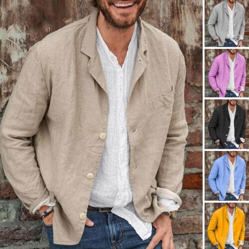 Mens Cotton Linen Suit Jacket Spring Autumn Casual Turndown Collar Button Solid Color Thin Loose Long Sleeve Suit Coat Clothing