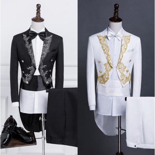 Singer dance stage clothing for men embroidery suit set with pants 2020 mens wedding tuxedo suits groom formal dress tie white