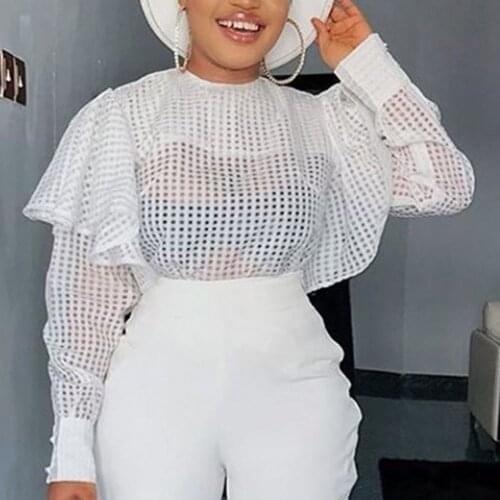 Autumn Long Sleeve Ruffle Blouse Women Tops Black White Round Neck Sexy Shirt Hollow See Through Office Lady Tee Plus Size Young