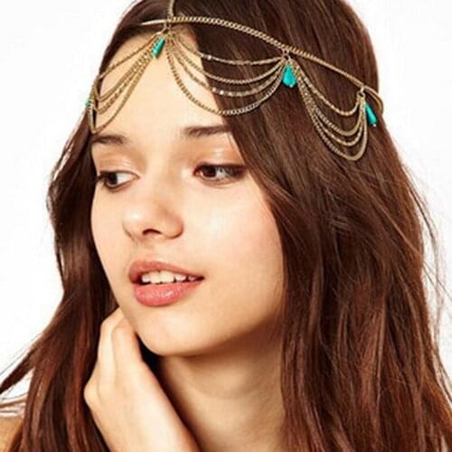 Bohemian Ethnic Gold Headpiece Headband Tassel Chain Handmade Head Chain Forehead Rhinestone Hair Band India Jewelry Gift