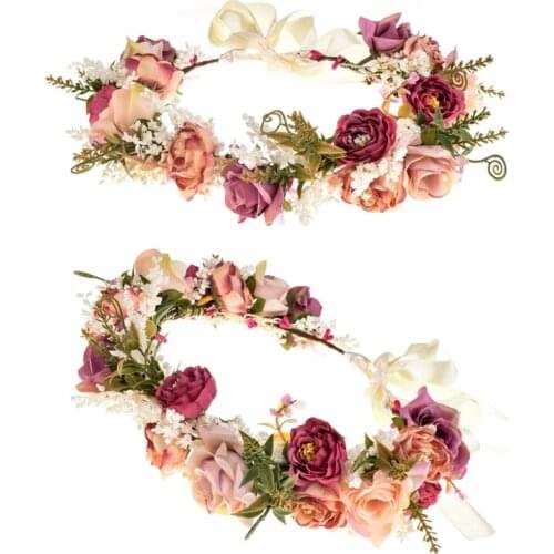 Adjustable Bohemian Flower Headband Hair Ring Flower Wreath Crown Halo Headband Ribbon Wedding Holiday Party