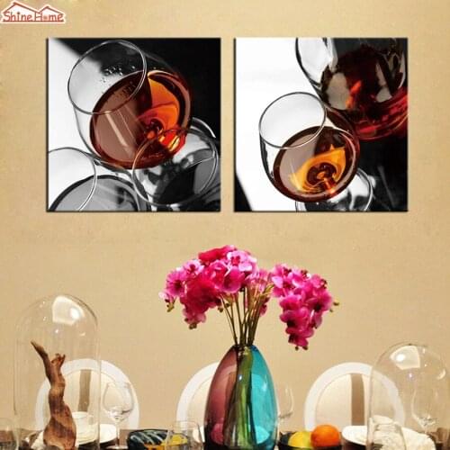 ShineHome-2pcs Wall Art Canvas Prints Painting Modular Red Winne Cup Picture Cafe Coffee Hotel Restaurant Dining Room Decoration