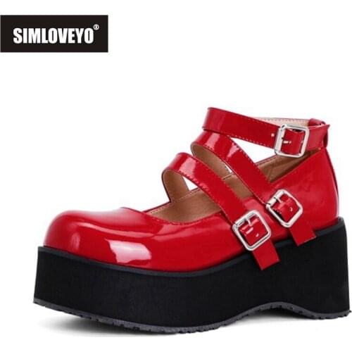 SIMLOVEYO 2021 Thick Sole Pump Mary Janes Round Toe Platforms Punk Ankle Buckle Strap 7cm Chunky Heel US17 Black White Red A4353