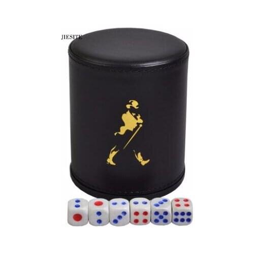 1pcs Dice Cups Hot Black Leather+Plastic and 6pcs dices Polyhedral Dice Poker Drinking Board Game Gambling Dice Box without lid