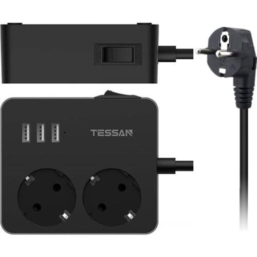 TESSAN Vertical Power Strip with 2 EU Outlet Extender and 3 USB Ports Multi Sockets with 1.5M Extension Cord Desktop Adapter