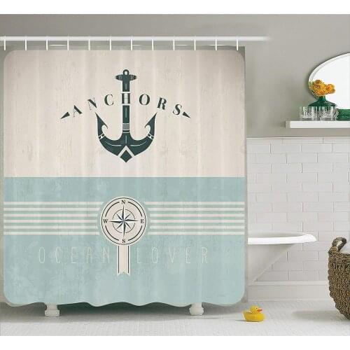 Ocean Decor Shower Curtain, Nautical Anchor Sailor Sea Directions Antiqued Theme, Beige Turquoise and Dark Green