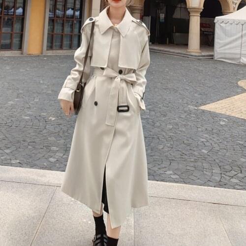 Beige Temperament Fashion Trench Coat Long Double-Breasted with Belt Spring Autumn Lady Duster England Style Female Outerwear