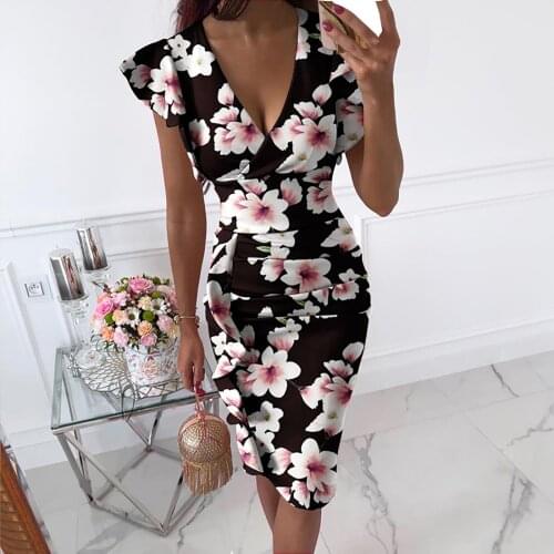 New Print Bodycon Dress Women Sexy Multicolor V-neck Side Pockets Slim Hips Dress Robe Moulante Dresses For Women Party