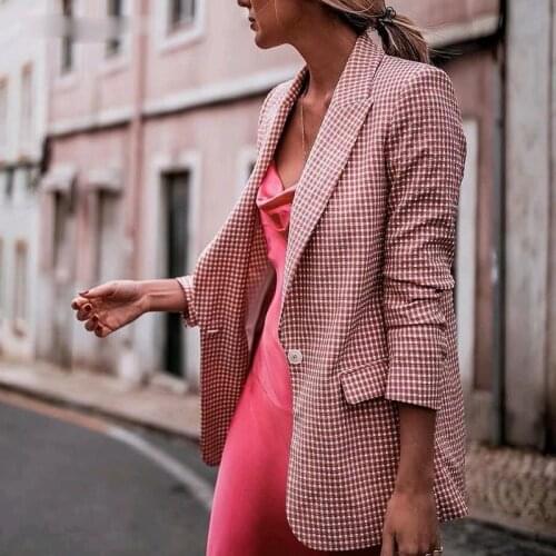 Zoulv Office Ladies Elegant Notched Collar Blazers Long Sleeve Jackets Girls Suits Set Fashion Women Pink Plaid Blazer Suit