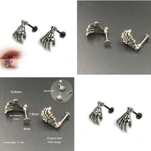 2Pcs Punk Skull Shape Devil Hand Kylie Lip Ring Ear Piercing Stud Ring Jewelry Skeleton Plam Stud For Women Men