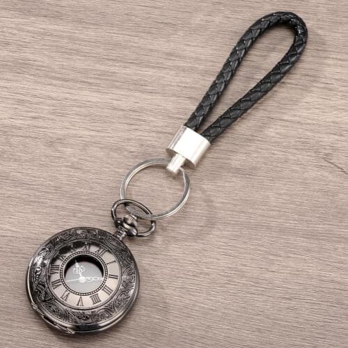 Reteo Black Silver Roman Numerals Quartz Pocket Watch 2021 Leather Key Chain Hollow Pendant Watches Clock Men Ladies Gift