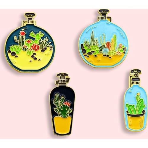 Fashion Temperament Badge Creative Cartoon Cactus Perfume Bottle Metal Enamel Brooch Unique Lapel Backpack Jewelry Accessories