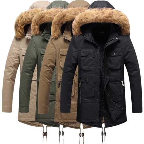 Mens Winter Parke Jacket with Velvet Medium Length Coat with Detachable Hood Thick 100% Cotton Outdoor Casual Coat