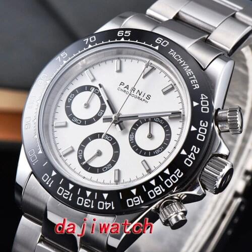 39mm PARNIS white dial sapphire crystal solid full Chronograph quartz mens watch