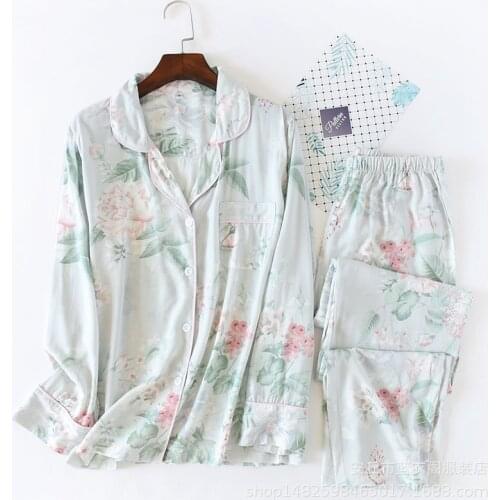 Japanese Style New Spring and Summer Womens Pajamas Cotton Silk Long-sleeved Trousers Suit Flower Printing Home Service Suit