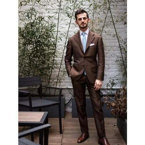 ANNIEBRITNEY Brown 2 Piece Slim Fit Formal Men Suit Wool Custom Groom Wedding Tuxedo High End 2 Piece Prom Wedding Men Suit Set