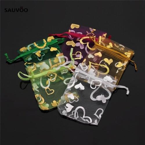 Wholesale 25pcs Mixed Color Heart Jewelry Packaging Drawable Organza Bags 7x9cm 9X12cm Wedding Party Gift Bags & Pouches