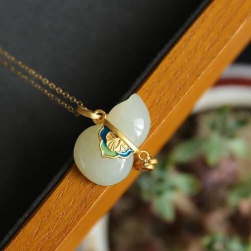 Xishang Hetian Jade Small Pendant Sterling Silver Gilding Enamel Vintage Coins Jade Gourd Necklace for Women Elegance Retro