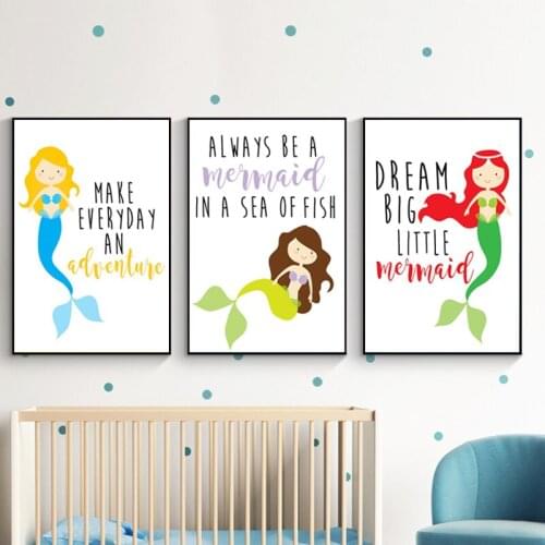 Mermaid Print Quote Poster Cute Cartoon Canvas Painting Nursery Wall Art Girls Room Bedroom Decoration Pictures No Frame