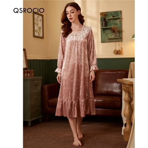 QSROCIO Autumn Womens Pajamas Vintage Lace Velvet Sleepwear Retro Elegant Long Sleepdress Homewear Winter Nightwear Female