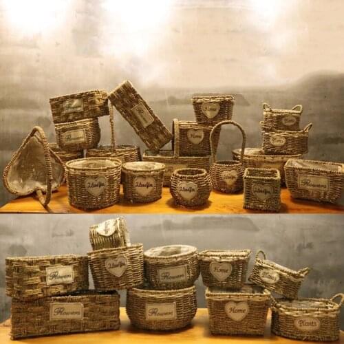 Hand-held Grass Woven Storage Organizer Artificial Flower Rattan Flowerpot Storage Basket Kitchen Organizer New