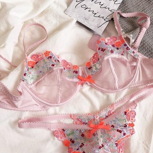 Sexy embroidery flower perspective ultra-thin mesh underwear suit thong pure desire gathering bra set cover anti-sagging lingeri
