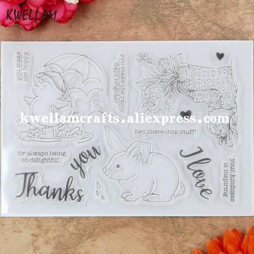 Thank you Rabbit Flowers You make me happy I Love Scrapbook photo cards rubber stamp clear stamp transparent stamp 9052227