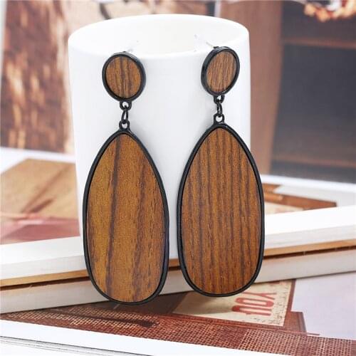 Vintage Elegant Wooden Dangel Earrings For Women Fashion Bohemian Geometric Splicing Hollow Drop Earring Jewelry