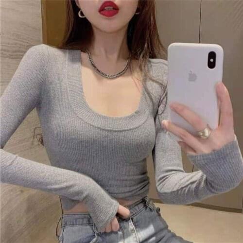 2021Slim fit solid color U-neck long sleeve T-shirt womens thread elastic thin inner bottom shirt