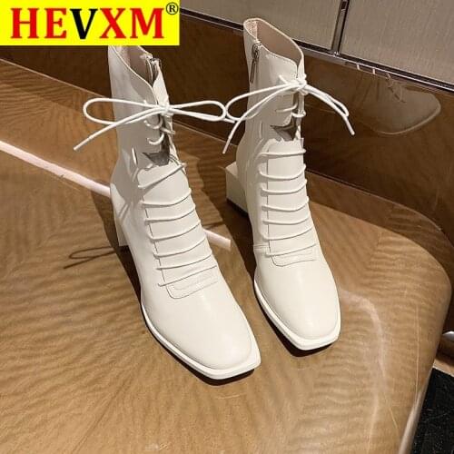 White Martin Boots Women 2020 New High-heeled Boots Mid-tube Lace-up Thick-heel Motorcycle Short Boots Square Toe Keep Warm