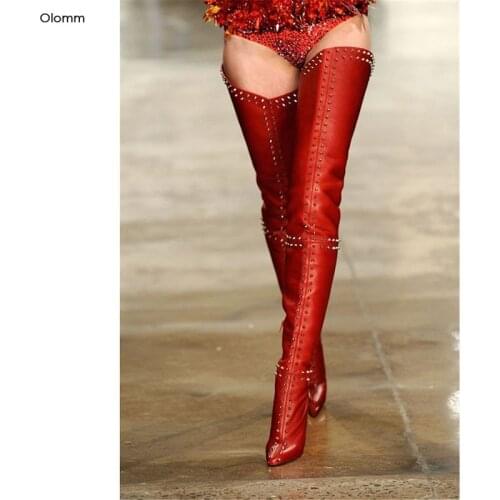 Olomm Hot Handmade Women Thigh High Studded Boots Sexy Stiletto Heels Pointed Toe Gorgeous Red Party Shoes Women US Size 5-15