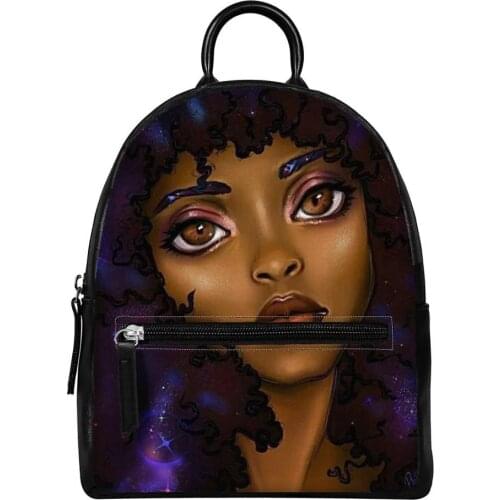 HYCOOL Woman PU Leather Backpack Starry Sky Hair African Black Girl Print Ladies Back Bag Fashion Small Zipper Backpacks Hot