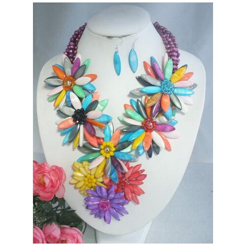 Wedding Flower Jewelry Set Perfect Multicolor Shell Brides Fashion Women Flower Necklace Earrings Free Shipping