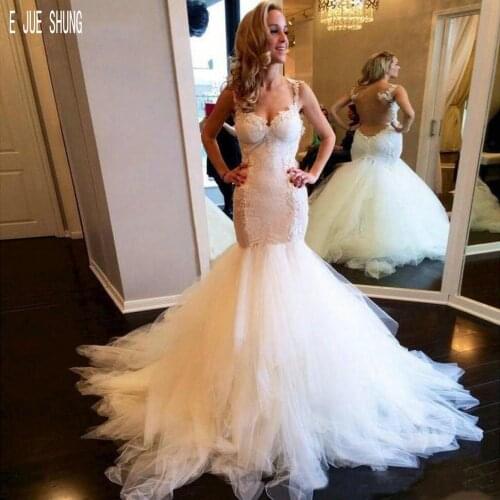 E JUE SHUNG Fashion White Sweetheart Mermaid Wedding Dresses Illusion Back Lace Appliques Wedding Gowns Church Bridal Gowns