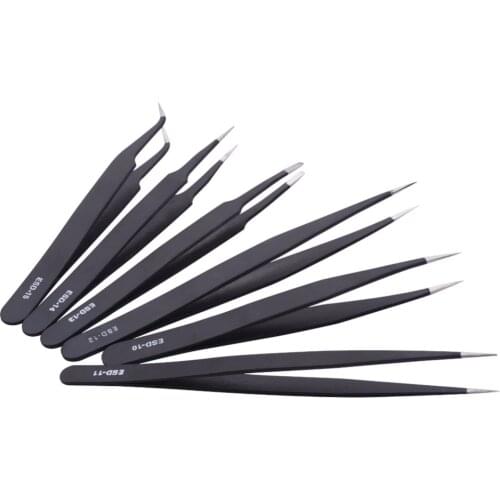 Anti-static stainless steel tweezers precision electronic maintenance manual electric iron pointed elbow DIY gadget 6pcs/set