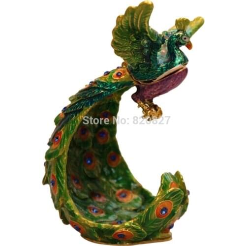 Large Male Peacock Figurine Box Czech Crystals Bird Jewelry, Trinket Keepsake or Pill Box FIGURINE